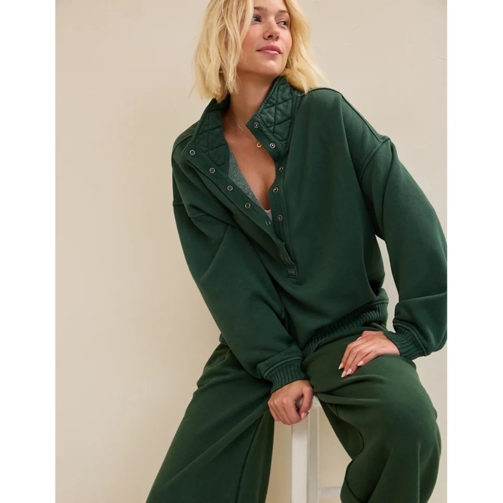 Aerie Women XXL Green Quilted Snap Neck Oversized Sweatshirt Pullover